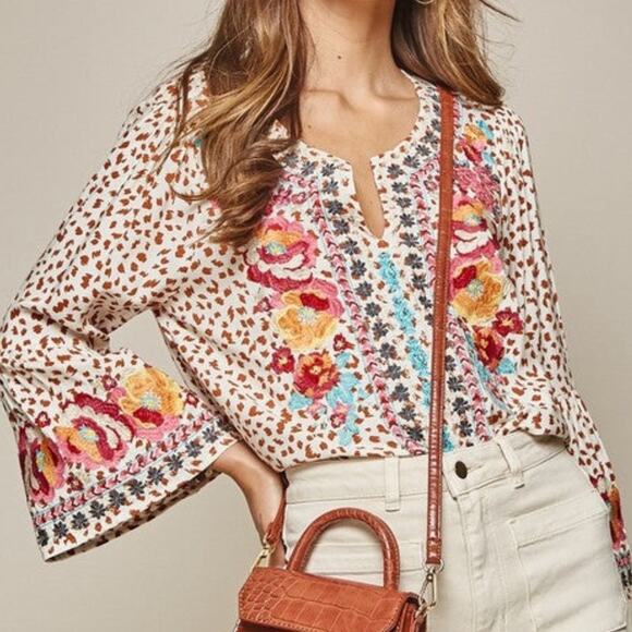 Savanna Jane Natalia Embroidered Boho Top - Leopard Spots Size Small - Picture 2 of 12